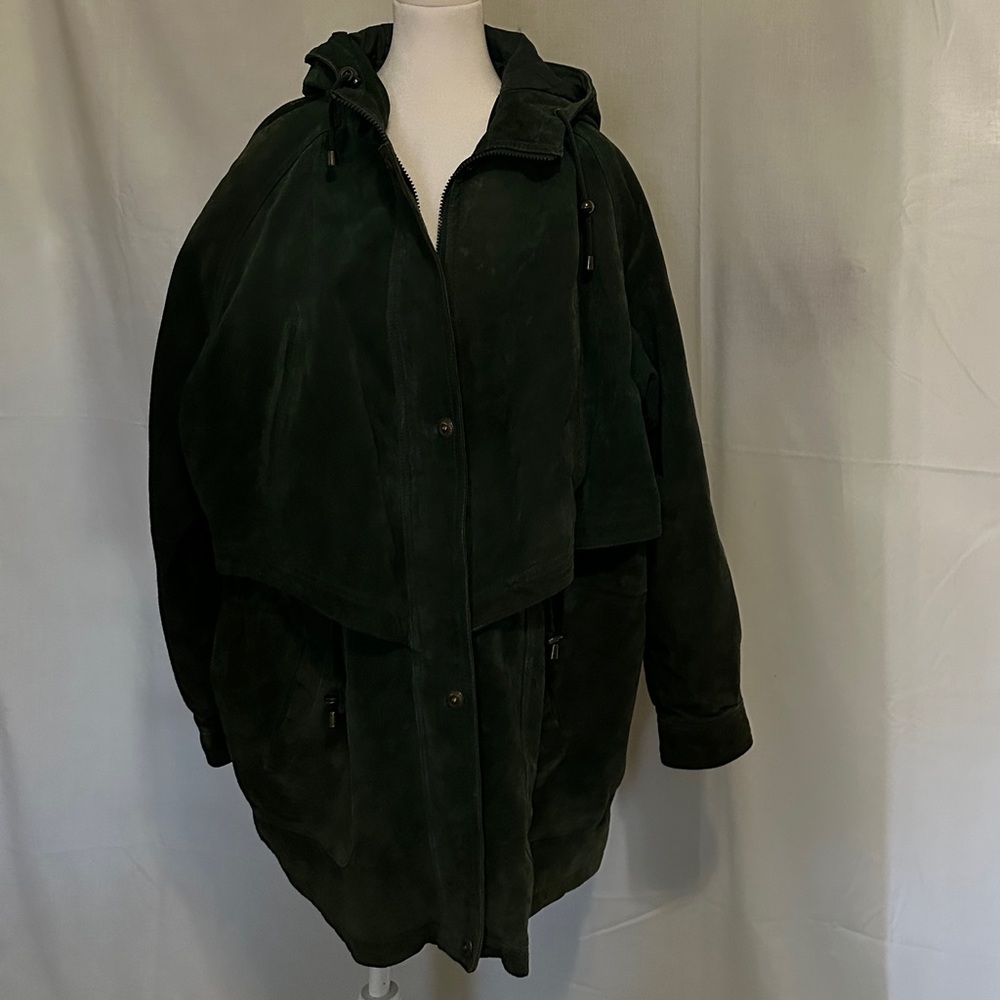 OutBrooke, Dark Hunter Green suede leather jacket, Sz 3X zipper and snap closure